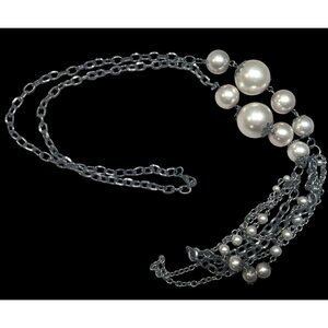 Glam Goth Faux Pearl Gunmetal Tone Statement Necklace
